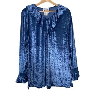 Lacy After Noon Vintage Crushed Blue Velvet‎ Ruffled Long Sleeve Blouse Beaded L